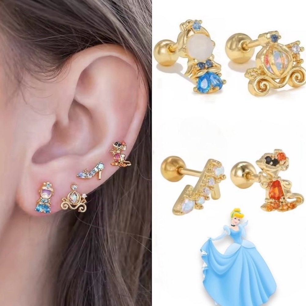 Disney Cinderella Diamond Gold Rhinestones Earrings Set